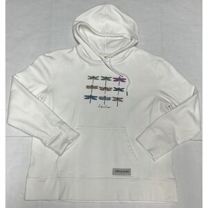 Life Is Good Women's Large White Hoodie Pullover Dragonflies 100% Cotton EUC